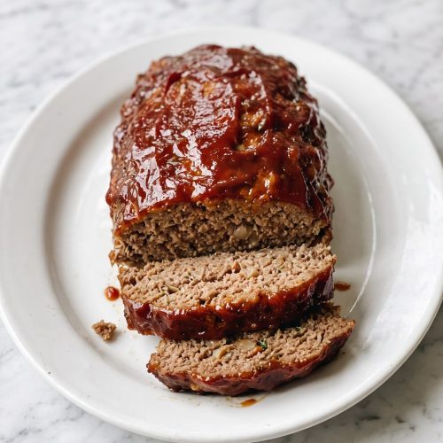 A baked meatloaf with a glossy caramelized ketchup and brown sugar glaze, two slices cut