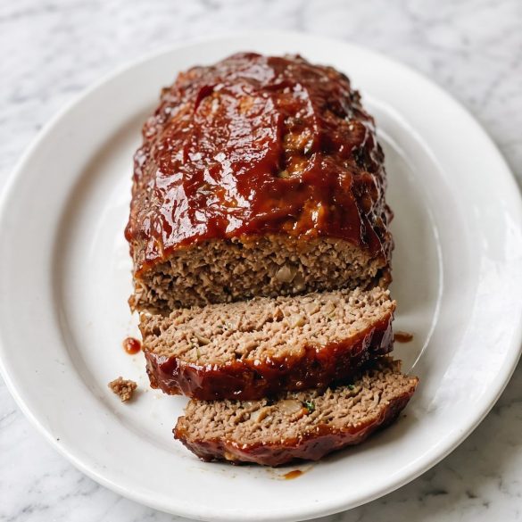 A baked meatloaf with a glossy caramelized ketchup and brown sugar glaze, two slices cut