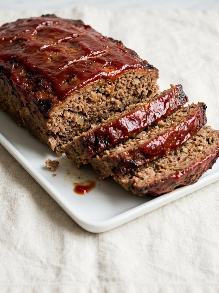A whole meatloaf in a loaf pan with a glossy ketchup topping, the front end sliced