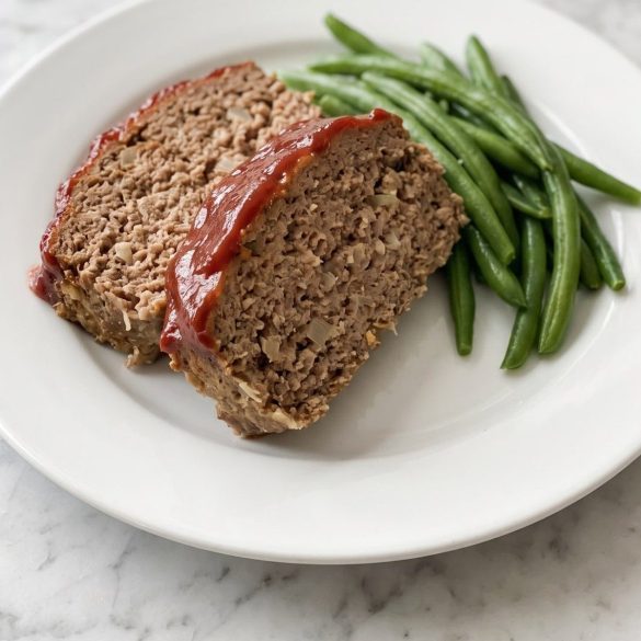 Two slices of meatloaf with a glossy ketchup topping on a plate with green beans