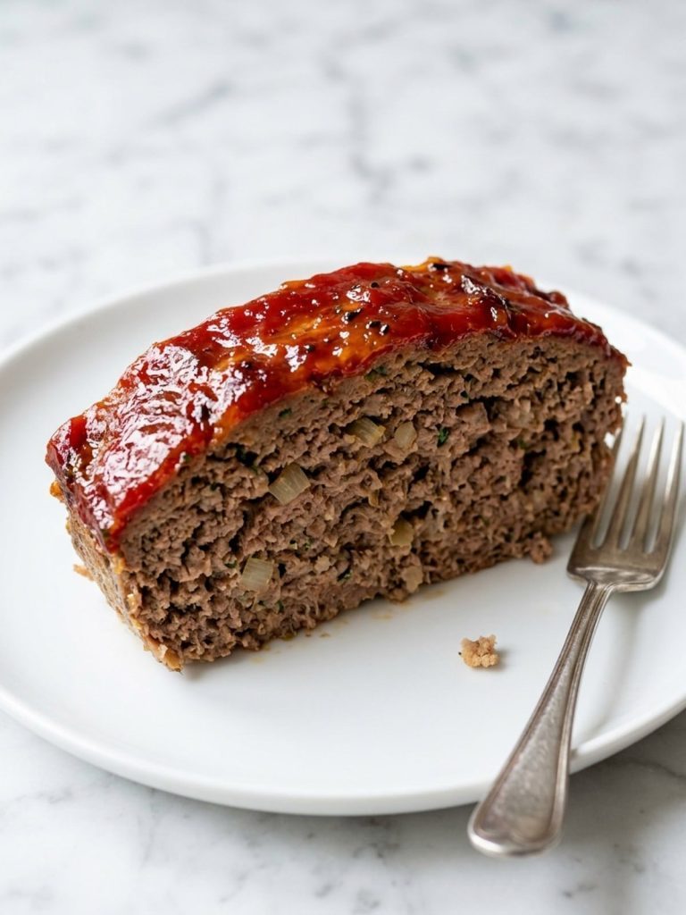Close view of a thick slice of meatloaf with tomato topping on a white plate