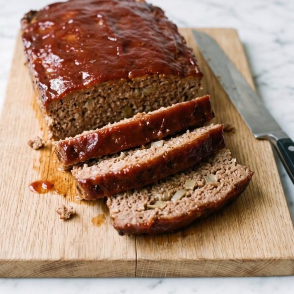 Sliced meatloaf with a glossy red tomato sauce topping on a wooden board