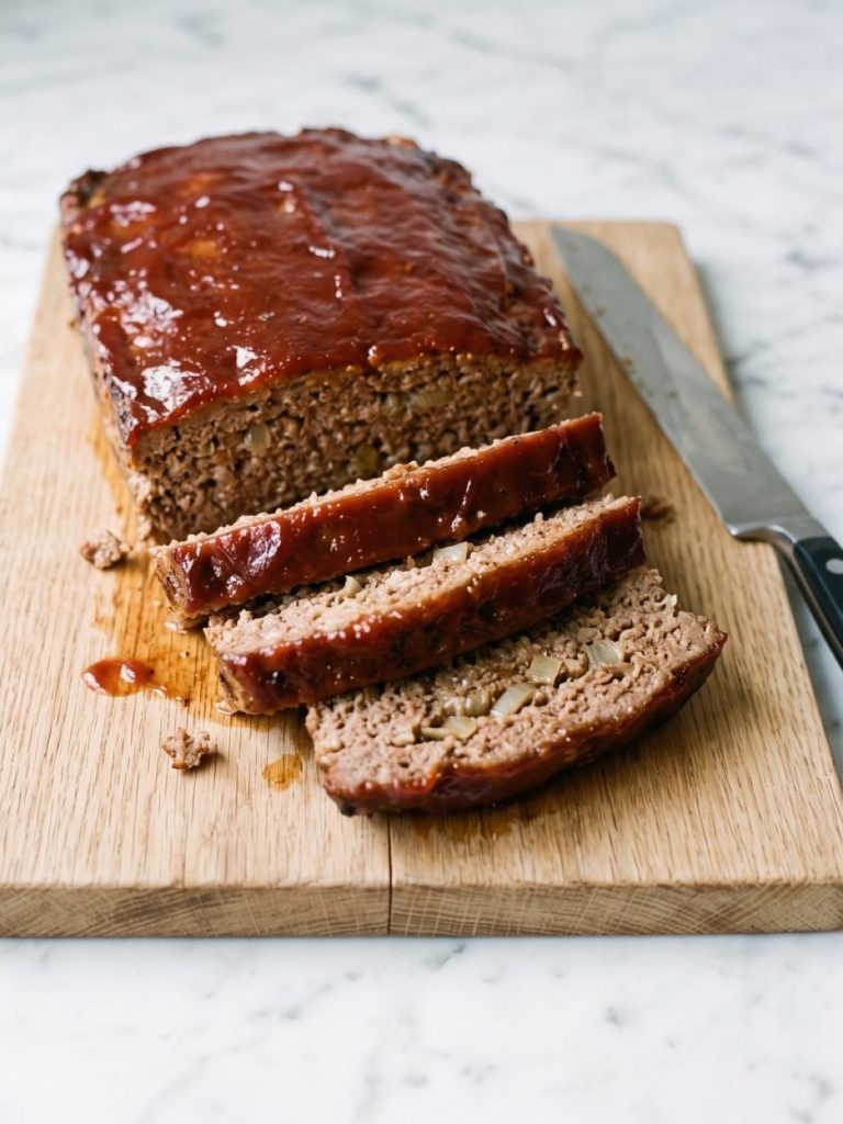 Sliced meatloaf with a glossy red tomato sauce topping on a wooden board