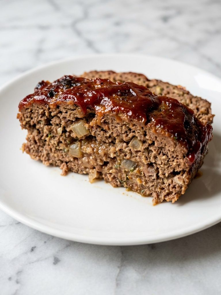 Close side view of a glazed meatloaf slice on a white plate, showing its cooked interior.