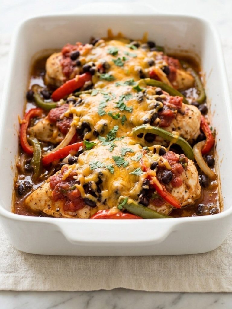 A baking dish of chicken breasts under salsa, black beans, peppers and melted cheddar
