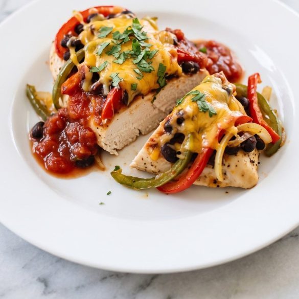 A piece of taco-seasoned chicken breast with peppers, black beans, salsa and melted cheddar on a plate