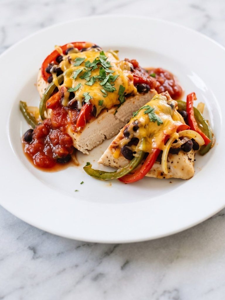 A piece of taco-seasoned chicken breast with peppers, black beans, salsa and melted cheddar on a plate
