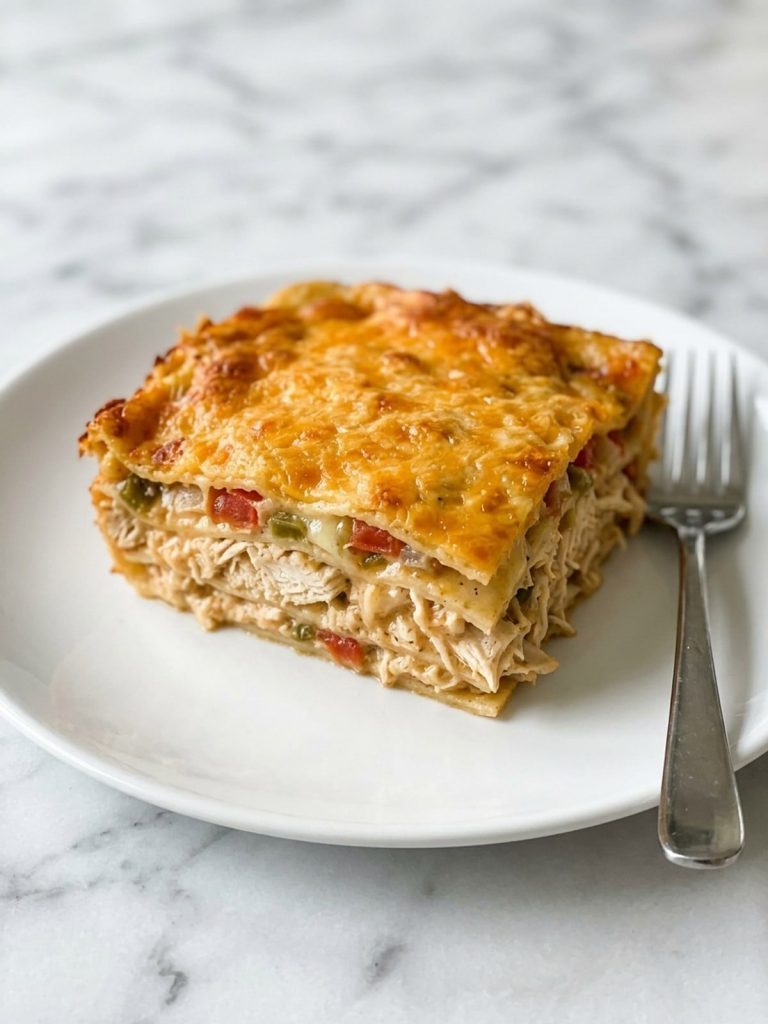 A square of Mexican chicken casserole on a plate showing layers of corn tortillas, creamy chicken and melted cheese