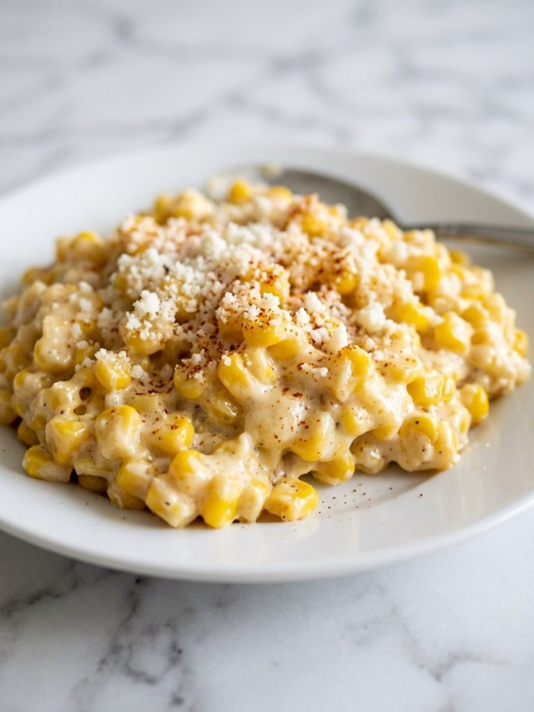 Close side view of a served portion of creamy corn casserole with distinct kernels and crumbled cotija.