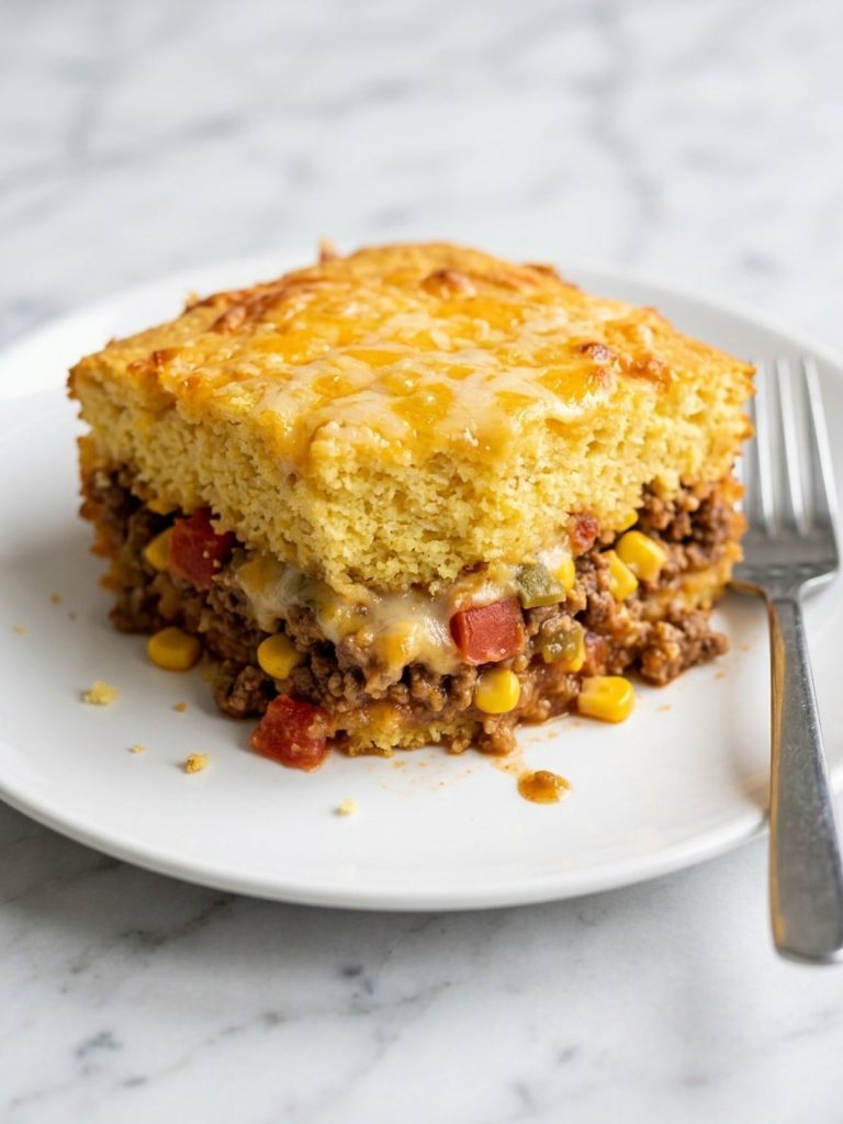 A serving of Mexican cornbread casserole showing the cornbread top over taco beef, corn and cheese