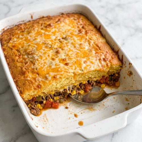 Mexican cornbread casserole in a white baking dish with one serving scooped out to show the taco beef under the cornbread