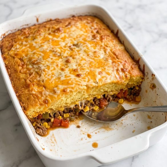 Mexican cornbread casserole in a white baking dish with one serving scooped out to show the taco beef under the cornbread
