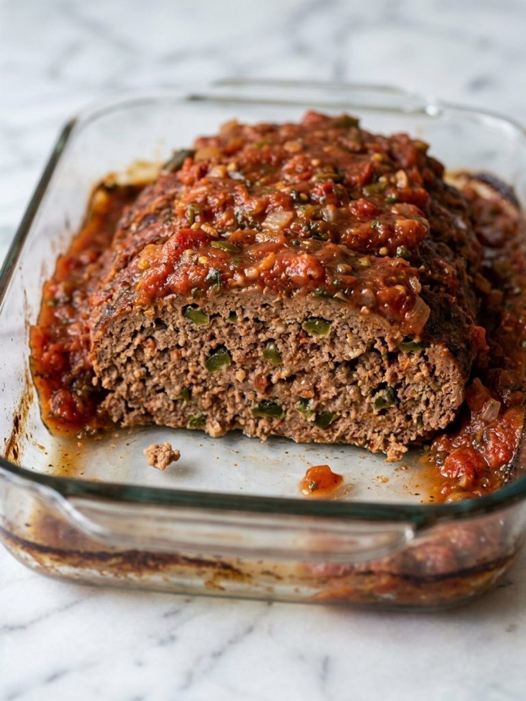 Close side view of a Mexican meatloaf slice with poblano pieces and thick chunky tomato salsa.