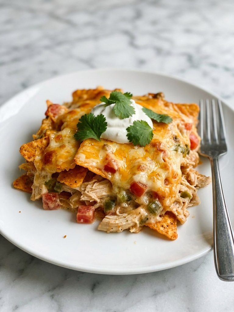 Close view of a serving of chicken Doritos casserole on a white plate with a dollop of sour cream