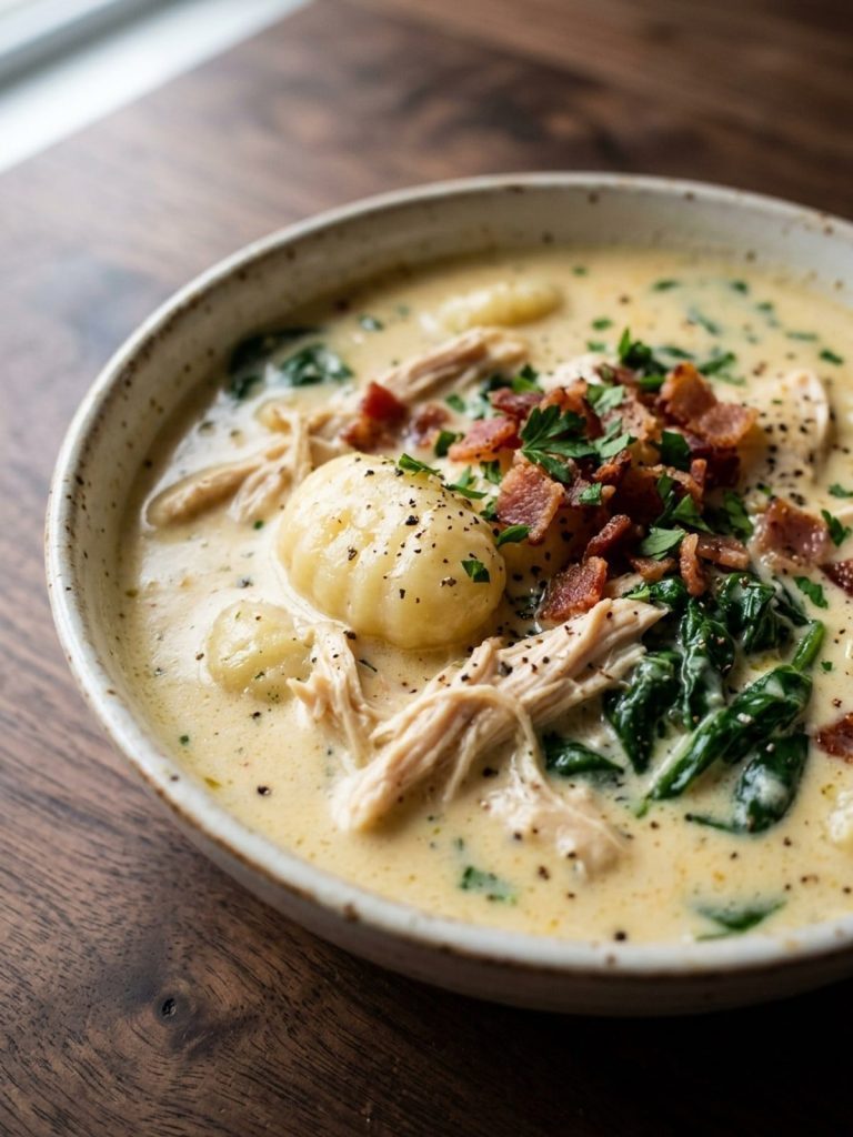 Close view of gnocchi and shredded chicken coated in the smooth, creamy soup.