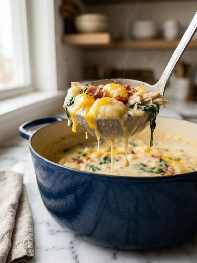 Close side view of a ladle lifting creamy soup with potato gnocchi, crumbled bacon and melted cheddar out of the pot