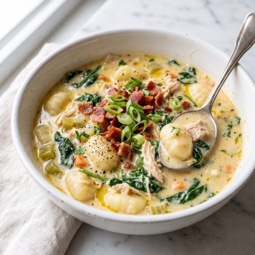 Bowl of Million Dollar Soup with potato gnocchi, shredded chicken, wilted spinach and crumbled bacon in a creamy cheddar broth, topped with green onions