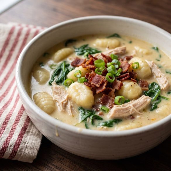 A bowl of creamy chicken gnocchi soup topped with bacon and green onions, with chicken and gnocchi visible.