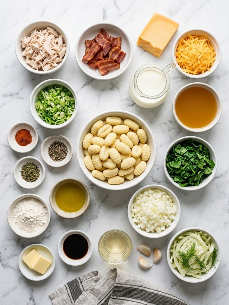 Overhead flat lay of Million Dollar Soup ingredients in small bowls on marble: potato gnocchi, cooked chicken, cooked bacon, block cheddar and shredded cheddar, heavy cream, chicken stock, spinach, onion, celery, fennel, garlic, white wine, soy sauce, butter, olive oil, flour, thyme, cayenne and green onions