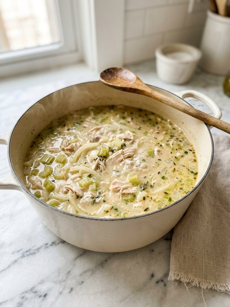 Dutch oven of thickened broth with celery, onion and chicken, just before the gnocchi go in