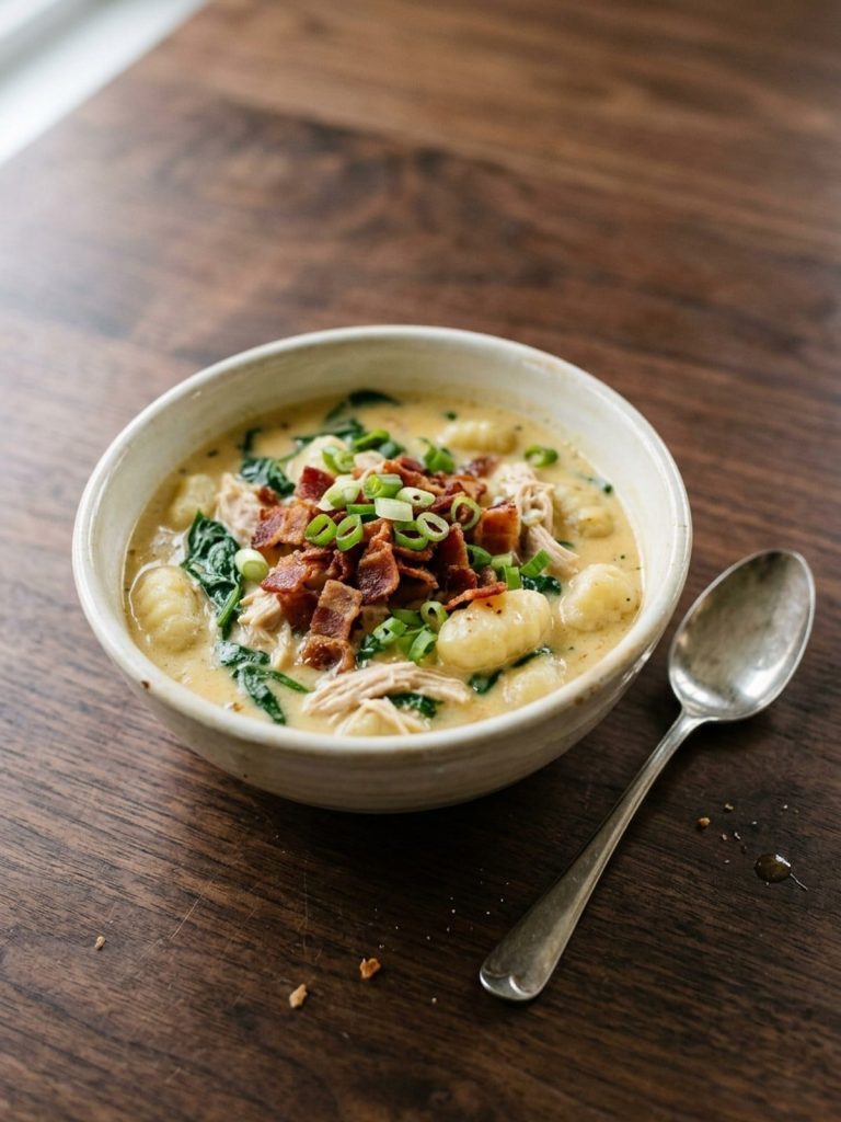 A serving of creamy chicken gnocchi soup with bacon and green onions, ready to eat.
