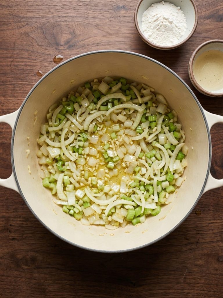 Step 1: Softened onion, celery and fennel with minced garlic in a Dutch oven.
