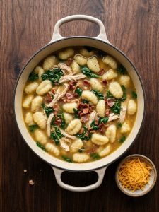 Step 4: Gnocchi, chicken and wilted spinach in the simmered broth, with bacon stirred in.