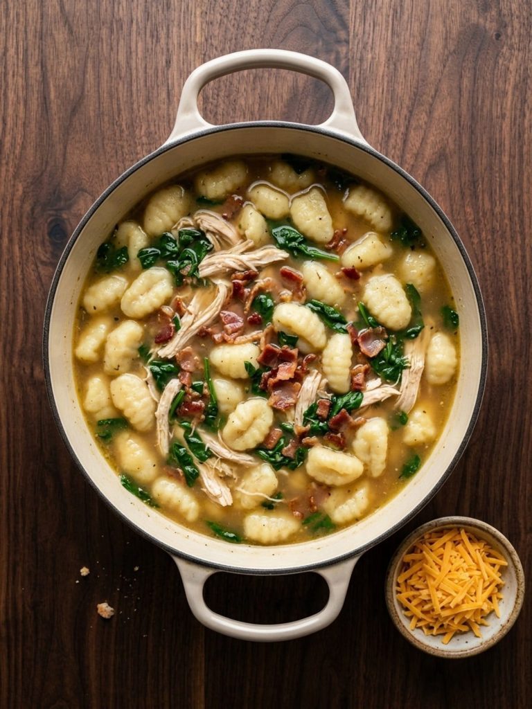 Step 4: Gnocchi, chicken and wilted spinach in the simmered broth, with bacon stirred in.
