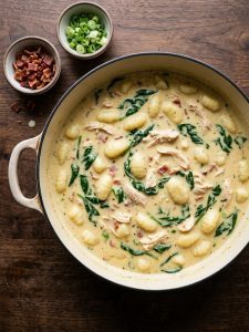 Step 6: Smooth, creamy chicken gnocchi soup after the tempered cream has been stirred in.