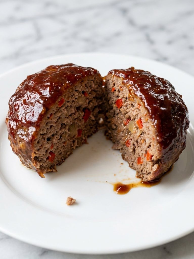 Close view of a mini meatloaf cut in half with a glossy glaze