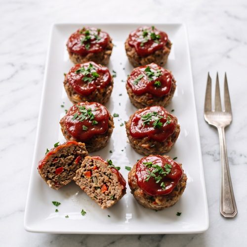 Glazed mini meatloaves on a white platter, one cut open