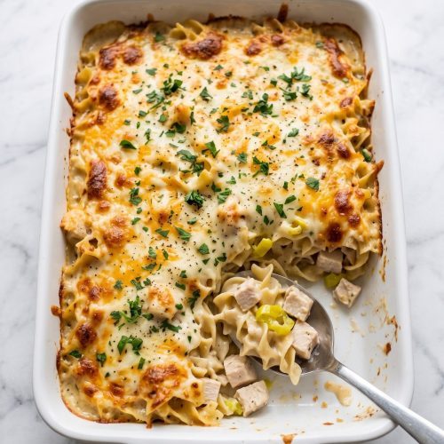 Mississippi chicken casserole in a white 9x13 dish with a serving lifted out, showing creamy egg noodles, chicken and pepperoncini under melted cheese