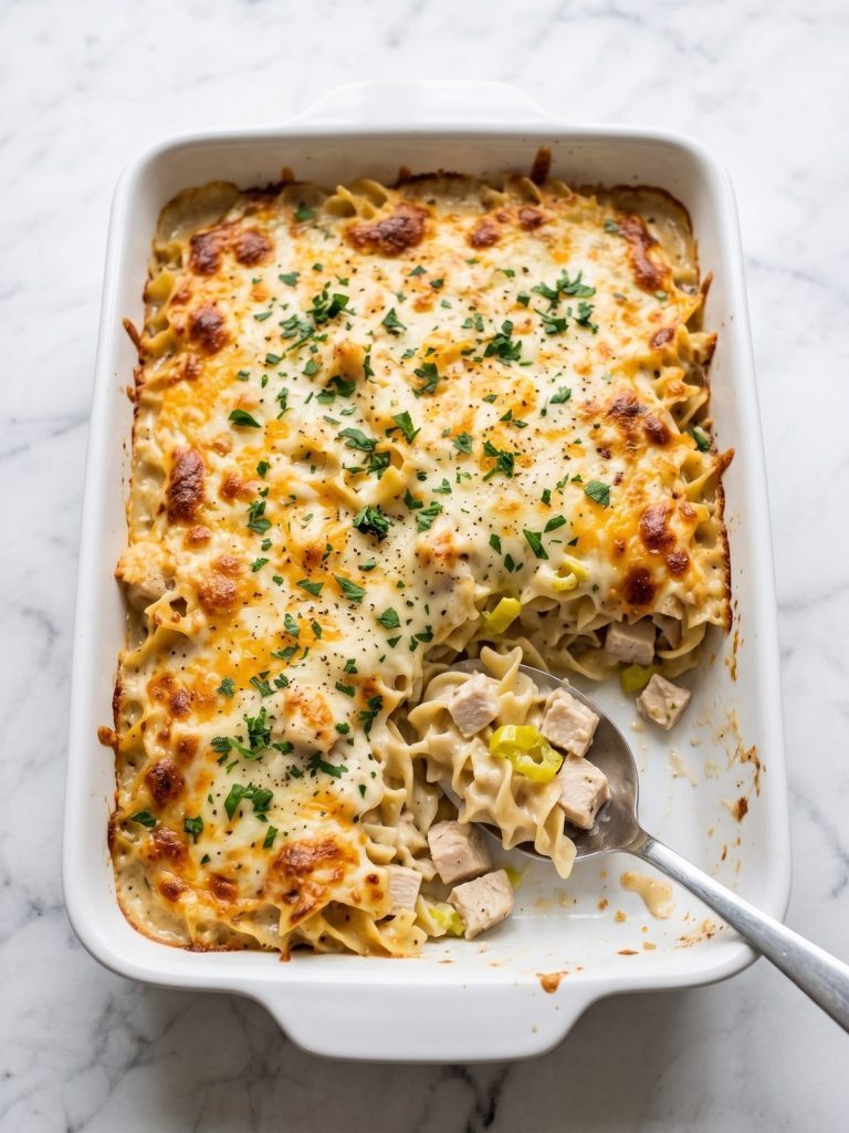 Mississippi chicken casserole in a white 9x13 dish with a serving lifted out, showing creamy egg noodles, chicken and pepperoncini under melted cheese
