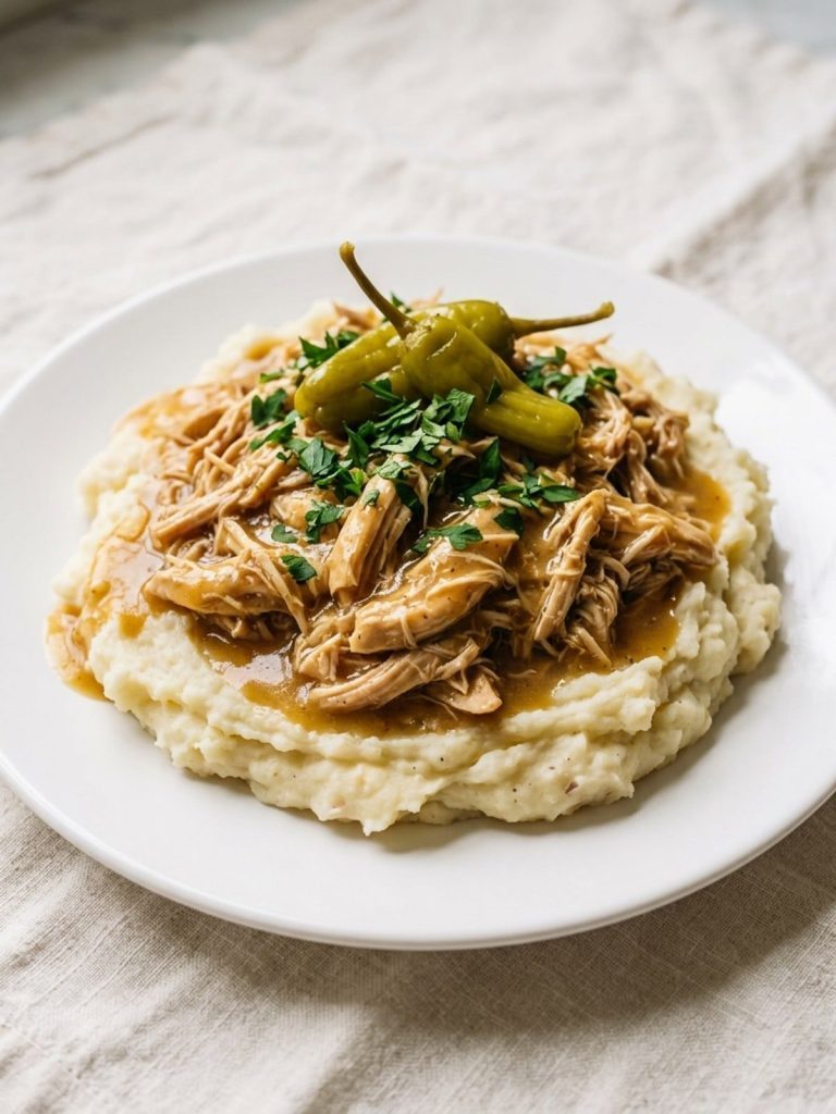 A plate of shredded Mississippi chicken with pepperoncini over mashed potatoes