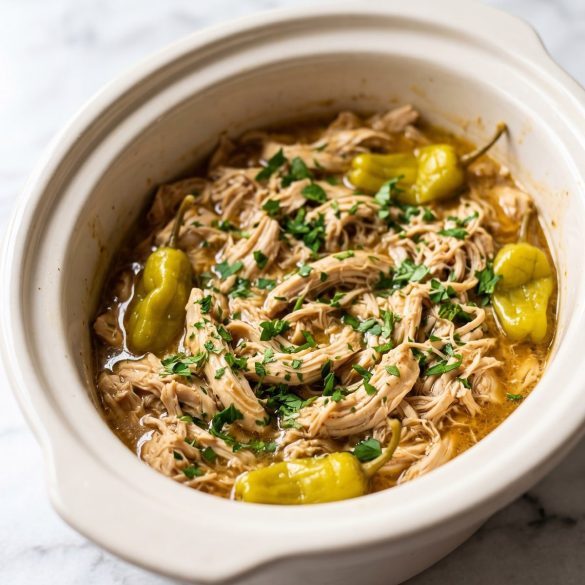 Shredded Mississippi chicken with pepperoncini peppers in a buttery gravy in a slow cooker