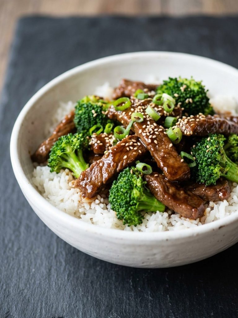 A bowl of Mongolian beef and broccoli over jasmine rice with sesame seeds