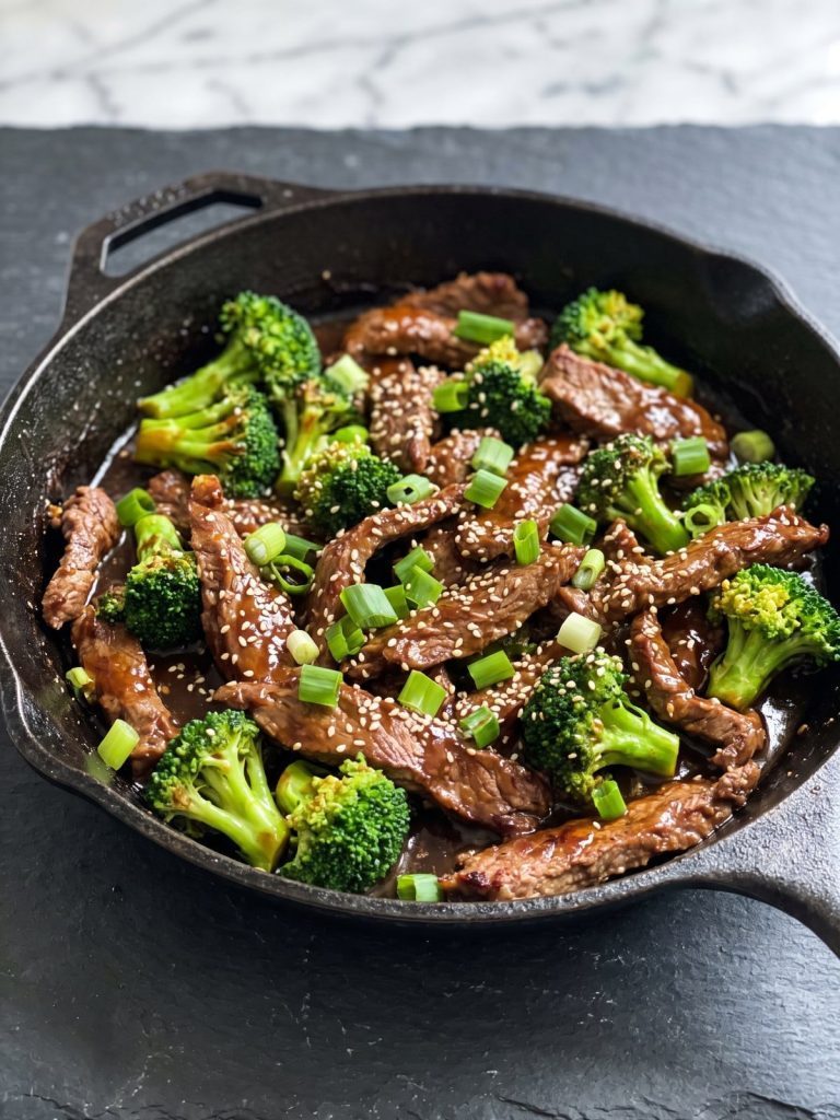 A skillet of crispy Mongolian beef strips and broccoli florets in a glossy brown hoisin sauce with scallions and sesame seeds
