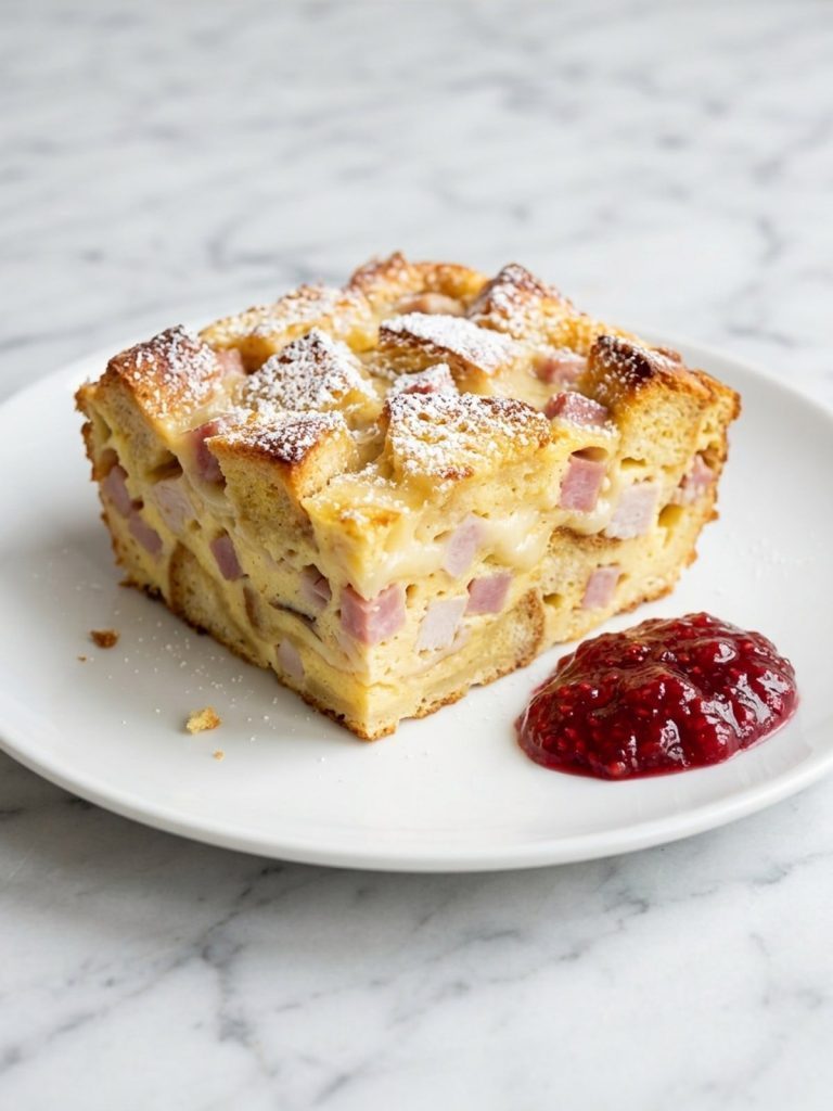 A square of Monte Cristo casserole dusted with powdered sugar next to raspberry preserves