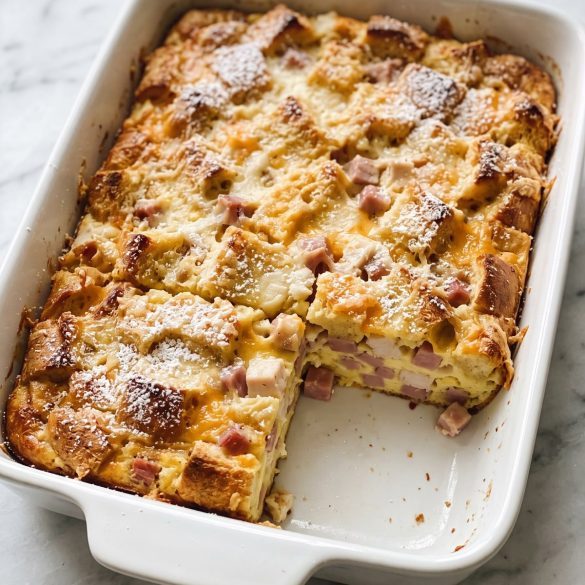 Monte Cristo casserole in a baking dish dusted with powdered sugar, one square cut out