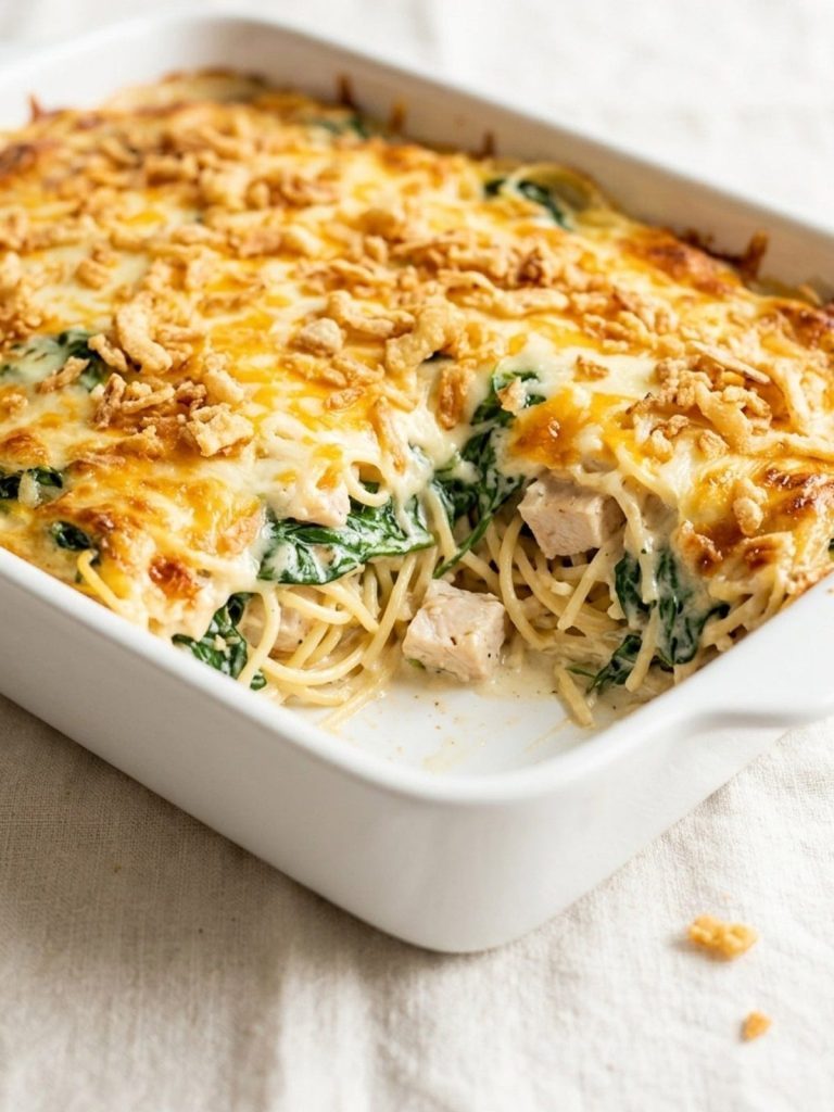 A 9x13 dish of Monterey chicken casserole with a golden fried onion topping and a portion served out