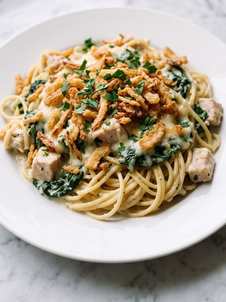 A serving of creamy chicken spinach spaghetti casserole with melted Monterey Jack and crispy fried onions on a plate