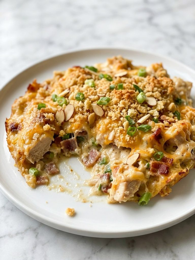 Close view of creamy chicken, cheddar, bacon and almonds under a crisp cracker topping