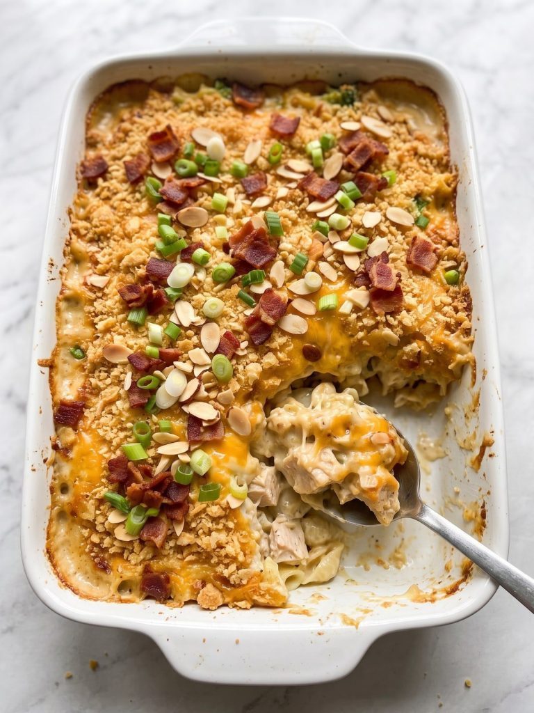 A 9x13 dish of Neiman Marcus chicken casserole with a golden cracker crust, bacon and green onions, a serving scooped out