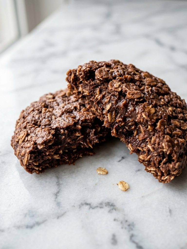 Close side view of a set chocolate oatmeal cookie broken open to show its soft, fudgy oat-filled center.