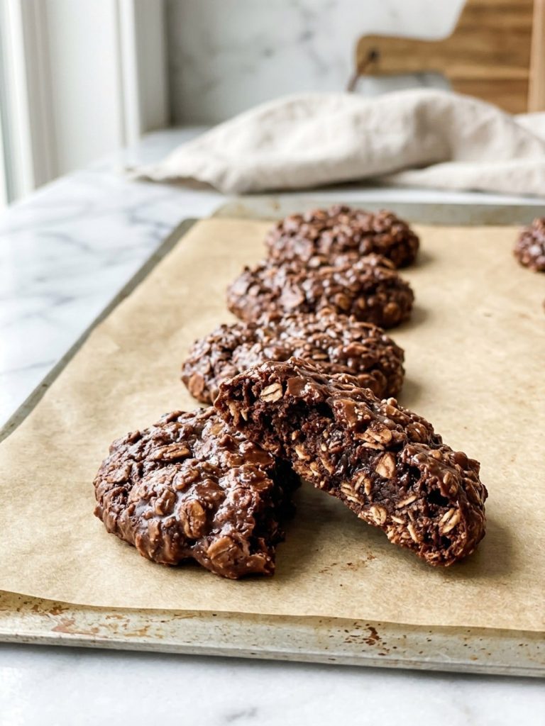 Close side view of no-bake chocolate oatmeal cookies on parchment, one broken open to show the soft oat inside