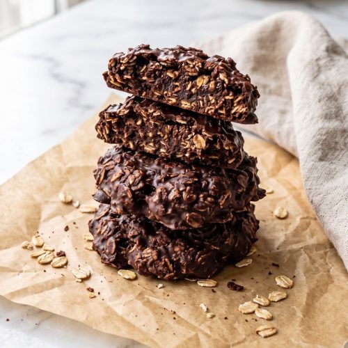 Stack of no-bake chocolate oatmeal cookies on parchment, the top cookie broken in half to show the fudgy oat inside