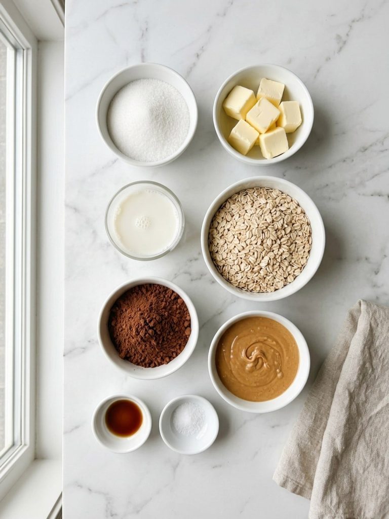 Overhead flat lay of sugar, butter, milk, cocoa powder, peanut butter, vanilla, salt and quick oats in small bowls on marble