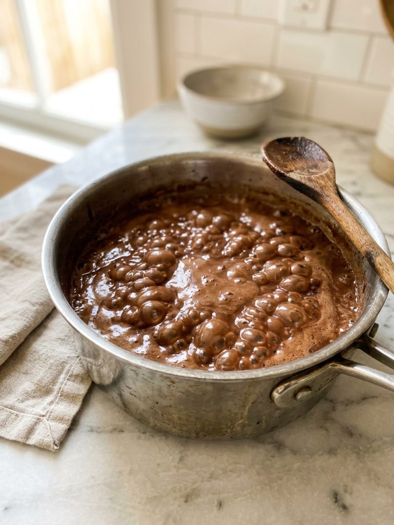 Saucepan with the chocolate sugar mixture at a full rolling boil, large bubbles across the surface, a wooden spoon resting in the pan