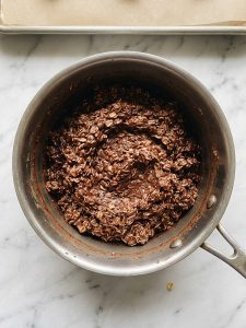 Step 5: Every quick oat is coated in the thick chocolate-peanut butter mixture, ready to scoop.