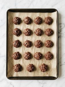 Step 6: Rounded scoops of chocolate oatmeal cookie mixture sit a little apart on a parchment-lined pan, ready to set.